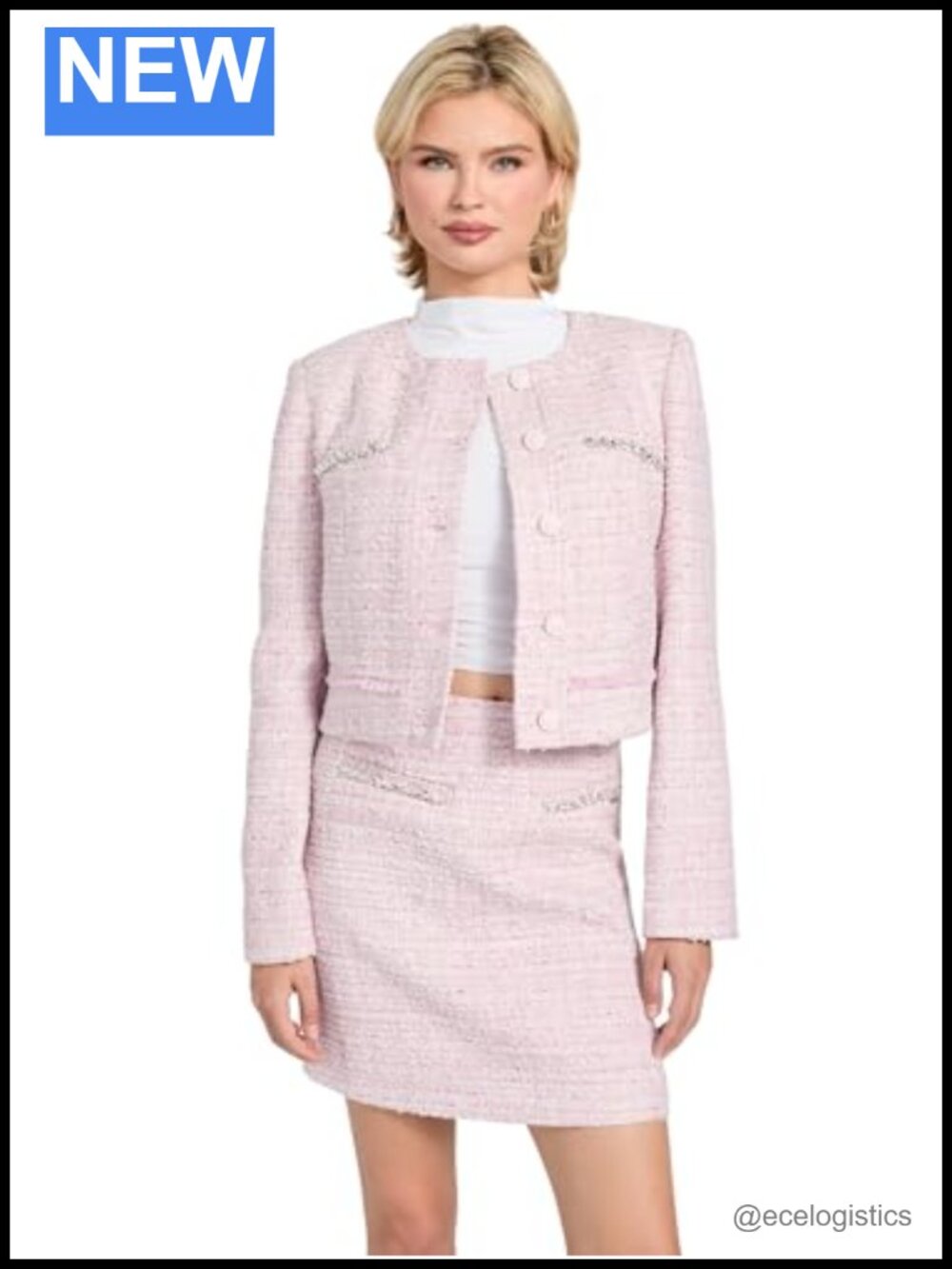 Cropped Tweed Jacket with Floral Embellishments
